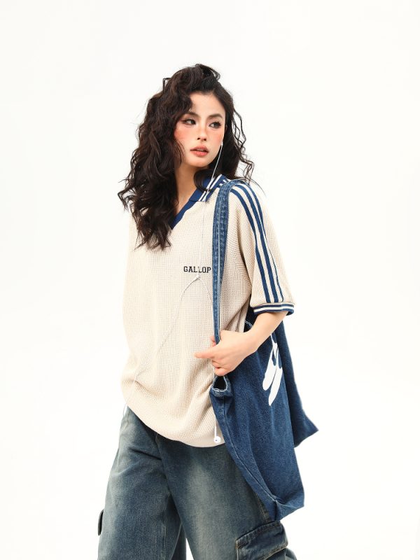 Retro Color-Blocking V-Neck Waffle Short Sleeve T-Shirt for Women, Versatile Couple's Top, Y2K Style