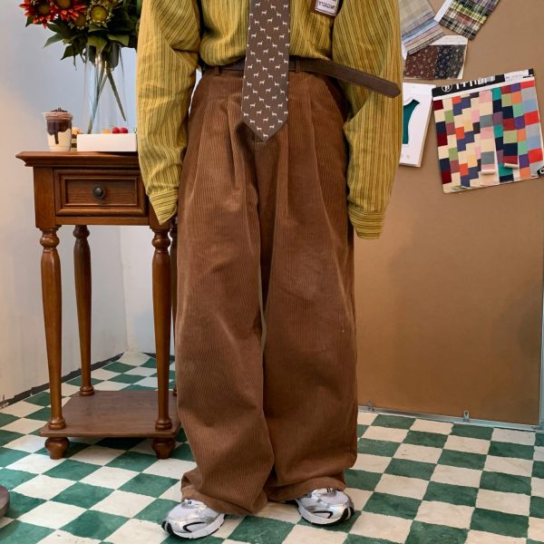 Retro Corduroy Casual Pants for Couples - Japanese Streetwear Loose Wide-Leg Design - Hong Kong Style Fashion