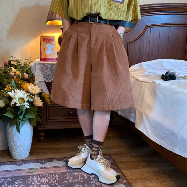 Retro Corduroy Wide-Leg Shorts for Summer - Unisex Casual Loose Fit Straight Pants