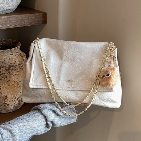 Retro Diamond Quilted Chain Shoulder Bag - Large Oil Wax Leather Handbag for Women, Trendy 2025 Casual Commuter Tote