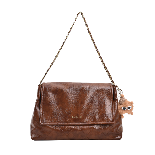 Retro Diamond Quilted Chain Shoulder Bag - Large Oil Wax Leather Handbag for Women, Trendy 2025 Casual Commuter Tote
