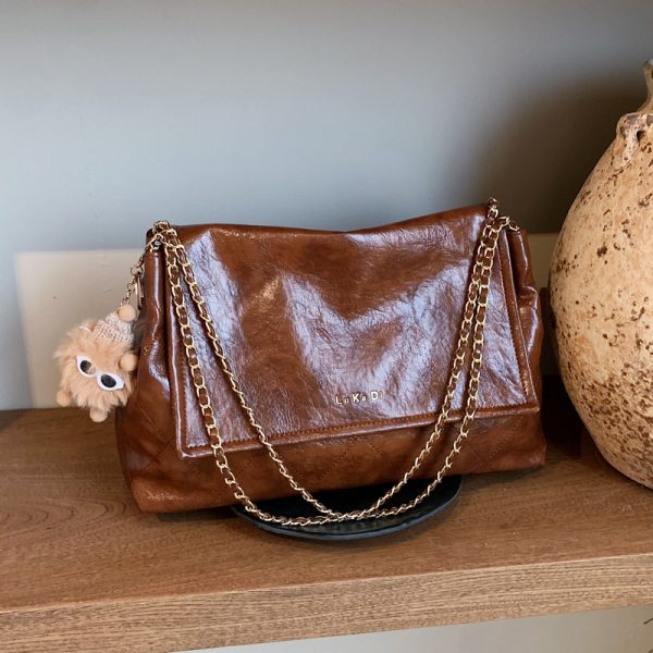 Retro Diamond Quilted Chain Shoulder Bag - Large Oil Wax Leather Handbag for Women, Trendy 2025 Casual Commuter Tote