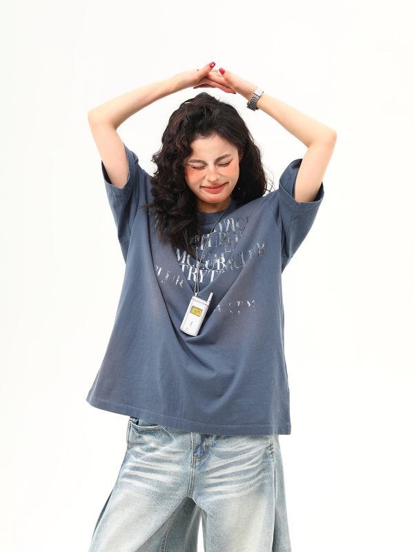 Retro Distressed Letter Short-Sleeve T-Shirt for Women â€“ Summer Loose Fit Versatile Casual Top, Vintage American Style