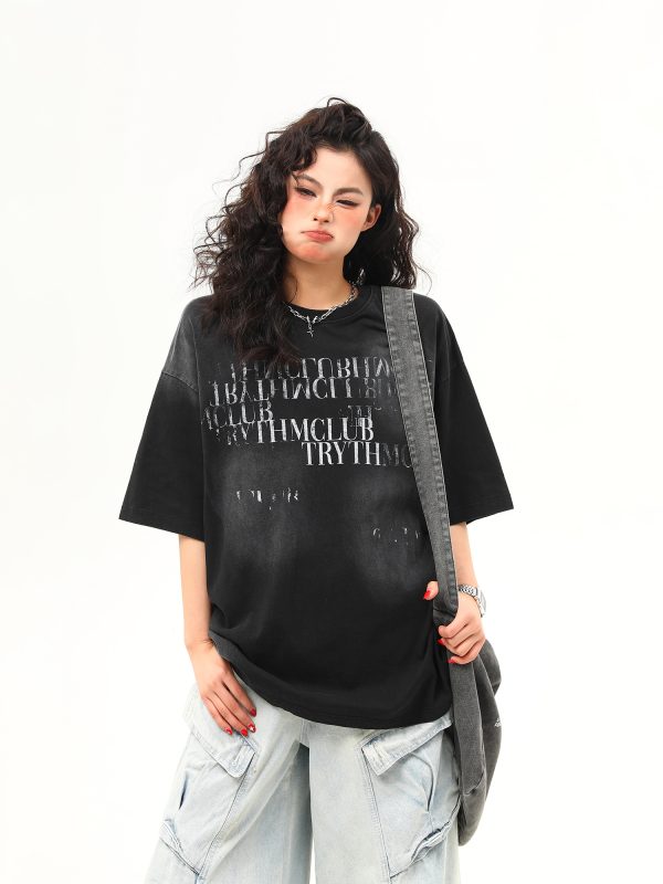 Retro Distressed Letter Short-Sleeve T-Shirt for Women â€“ Summer Loose Fit Versatile Casual Top, Vintage American Style