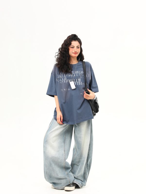 Retro Distressed Letter Short-Sleeve T-Shirt for Women â€“ Summer Loose Fit Versatile Casual Top, Vintage American Style