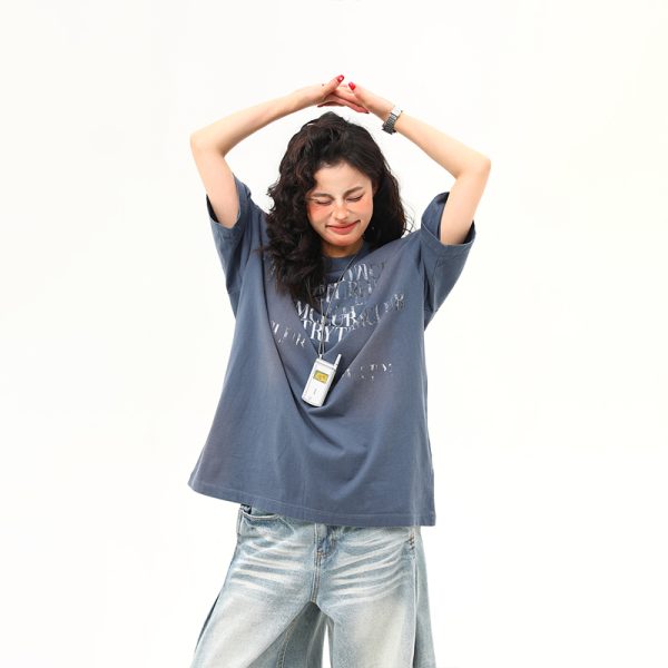 Retro Distressed Letter Short-Sleeve T-Shirt for Women â€“ Summer Loose Fit Versatile Casual Top, Vintage American Style