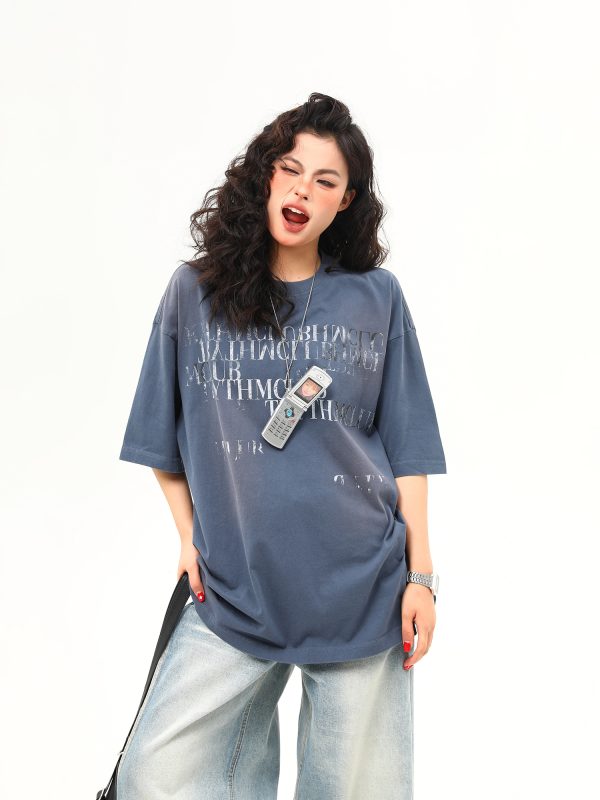 Retro Distressed Letter Short-Sleeve T-Shirt for Women â€“ Summer Loose Fit Versatile Casual Top, Vintage American Style