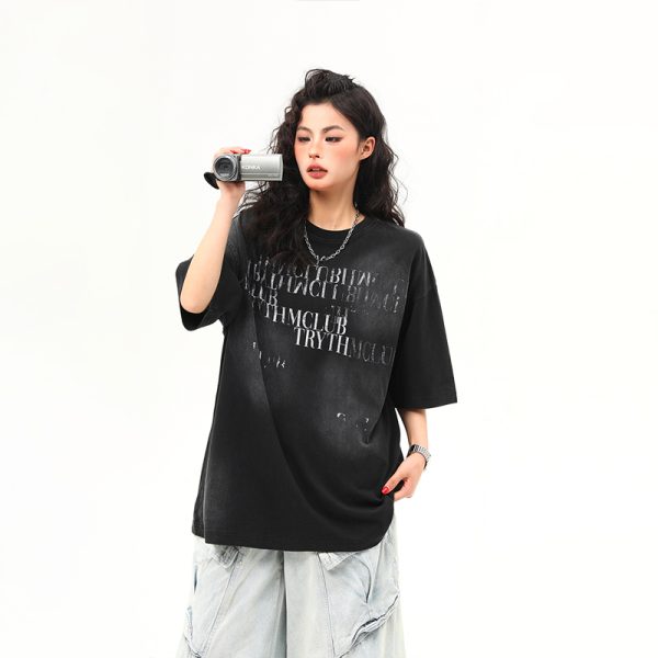 Retro Distressed Letter Short-Sleeve T-Shirt for Women â€“ Summer Loose Fit Versatile Casual Top, Vintage American Style