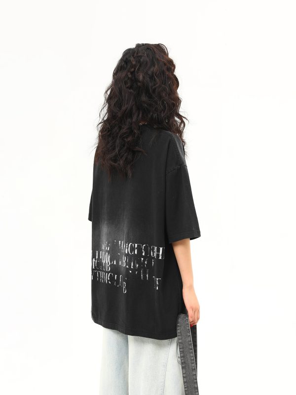 Retro Distressed Letter Short-Sleeve T-Shirt for Women â€“ Summer Loose Fit Versatile Casual Top, Vintage American Style
