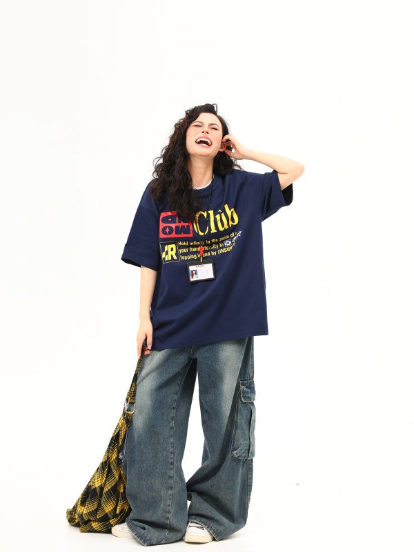 Retro Double Collar Letter Short-Sleeve T-Shirt for Men and Women, Pure Cotton Round Neck Couples Tee, Vintage American Style