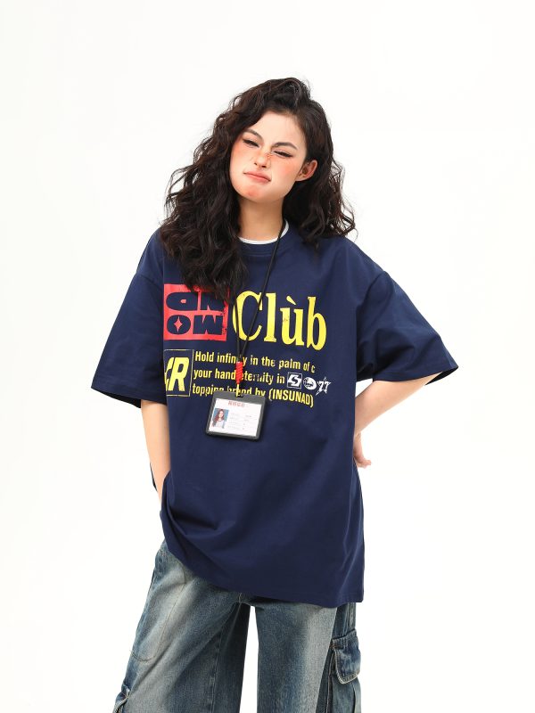 Retro Double Collar Letter Short-Sleeve T-Shirt for Men and Women, Pure Cotton Round Neck Couples Tee, Vintage American Style