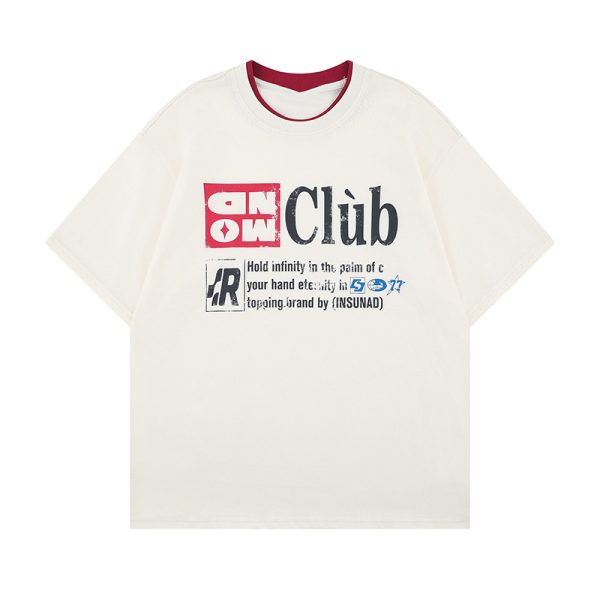 Retro Double Collar Letter Short-Sleeve T-Shirt for Men and Women, Pure Cotton Round Neck Couples Tee, Vintage American Style