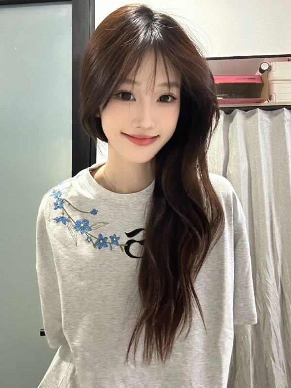 Retro Embroidered Floral Gray Short Sleeve T-Shirt for Women - Summer 2025 High-End Design, Trendy Y2K Style
