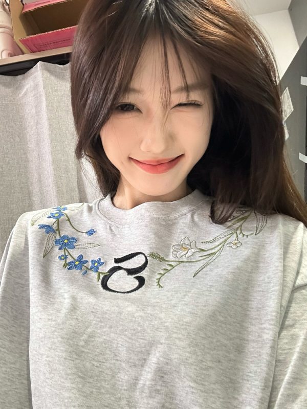 Retro Embroidered Floral Gray Short Sleeve T-Shirt for Women - Summer 2025 High-End Design, Trendy Y2K Style