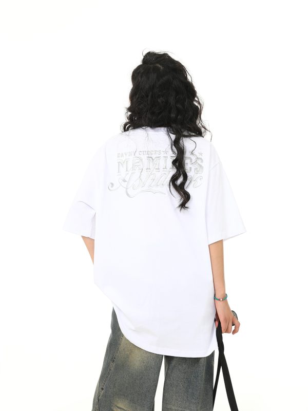 Retro Embroidered Letter Short-Sleeve T-Shirt for Men and Women, Oversized Couple Style, Vintage 90s American Fashion