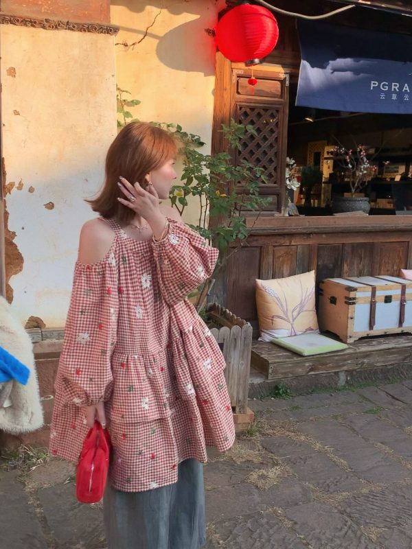 Retro Floral Embroidery Cotton Dress - Women's Off-Shoulder Lantern Sleeve Short Skirt - Vintage Spring Style