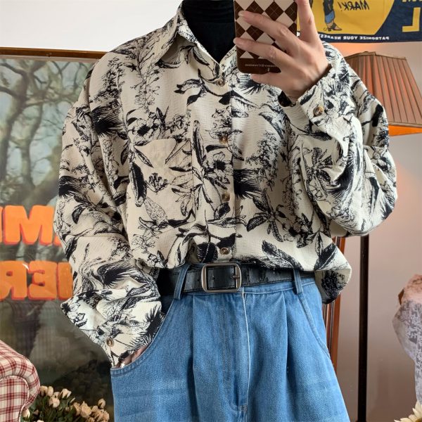 Retro Floral Long Sleeve Shirt - Handmade Watercolor Design, Autumn Style, Loose Fit, Versatile High-End Fashion