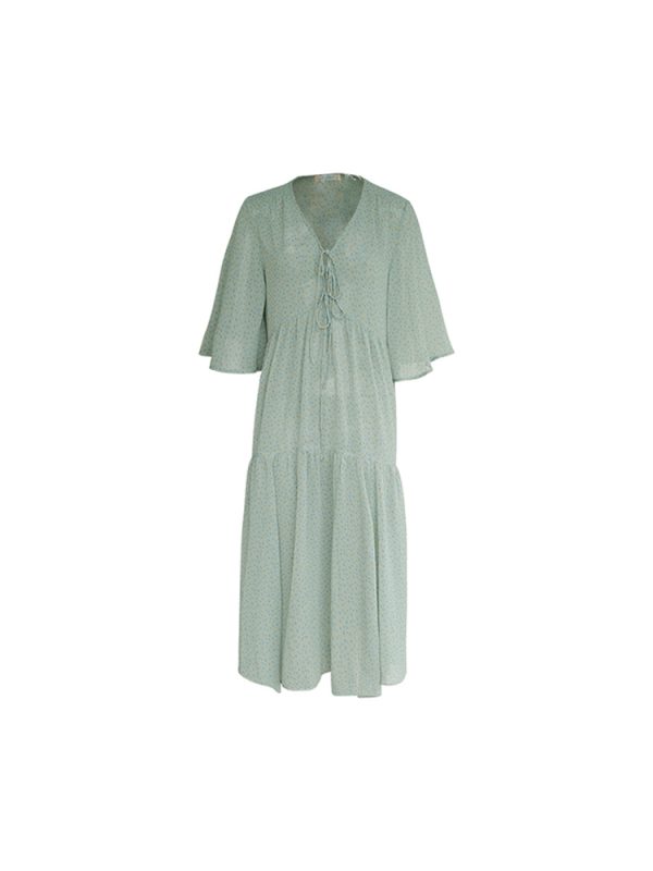 Retro Floral V-Neck Chiffon Dress for Women - Summer Loose Mid-Sleeve Flared Skirt, Vintage Style, Perfect for 90s and Y2K Fashion