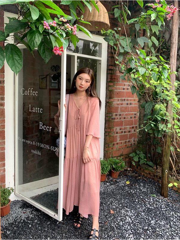 Retro Floral V-Neck Chiffon Dress for Women - Summer Loose Mid-Sleeve Flared Skirt, Vintage Style, Perfect for 90s and Y2K Fashion