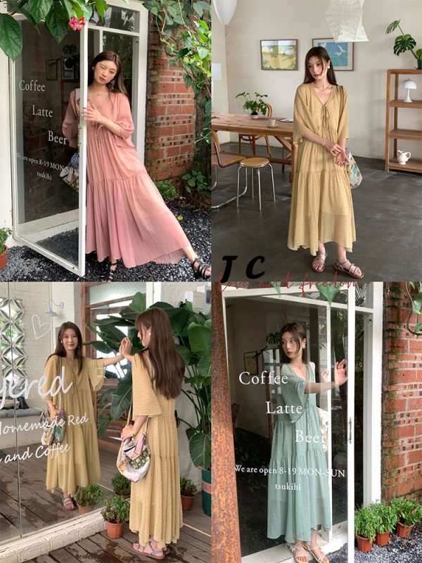 Retro Floral V-Neck Chiffon Dress for Women - Summer Loose Mid-Sleeve Flared Skirt, Vintage Style, Perfect for 90s and Y2K Fashion