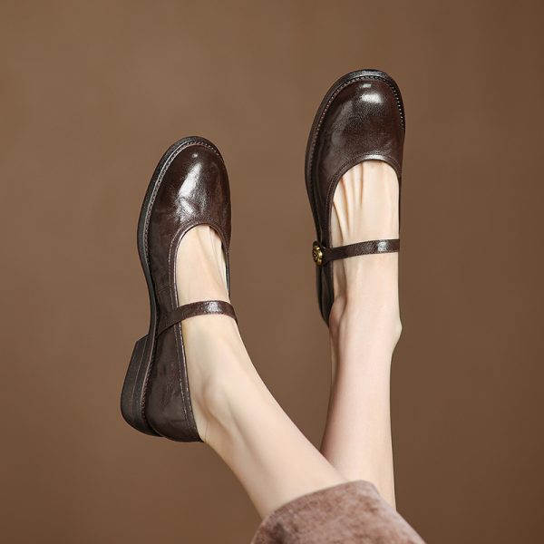 Retro French Artistic Genuine Leather Round Toe Low-Heeled Mary Jane Shoes for Women - Spring Fashion Essentials