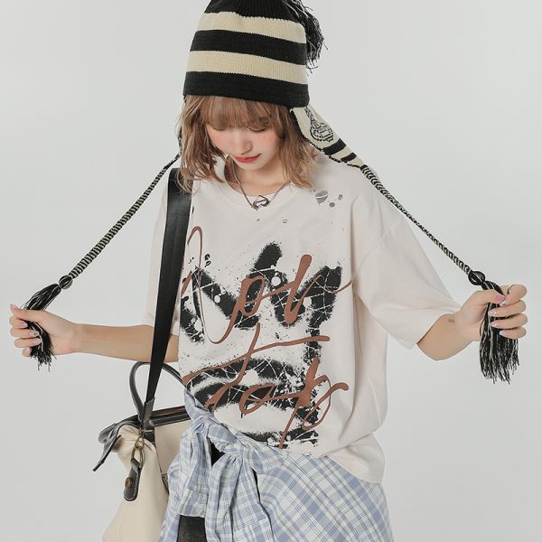 Retro Graffiti Print Round Neck Short Sleeve T-Shirt for Women - Loose Slim Fit Summer Street Style Top