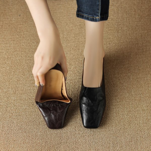 Retro High-End Genuine Leather Open-Toe Half Slippers - Square Toe Flat Mules for Y2K and 90s Inspired Style