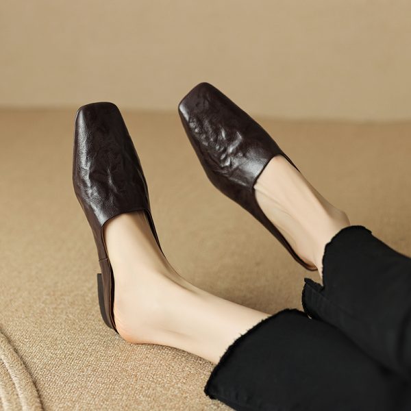Retro High-End Genuine Leather Open-Toe Half Slippers - Square Toe Flat Mules for Y2K and 90s Inspired Style