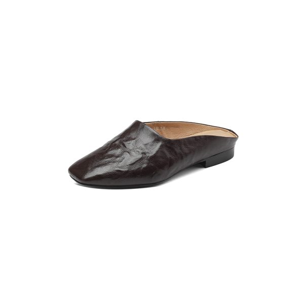 Retro High-End Genuine Leather Open-Toe Half Slippers - Square Toe Flat Mules for Y2K and 90s Inspired Style