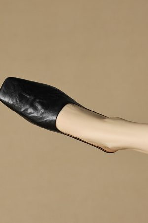 Retro High-End Genuine Leather Open-Toe Half Slippers - Square Toe Flat Mules for Y2K and 90s Inspired Style