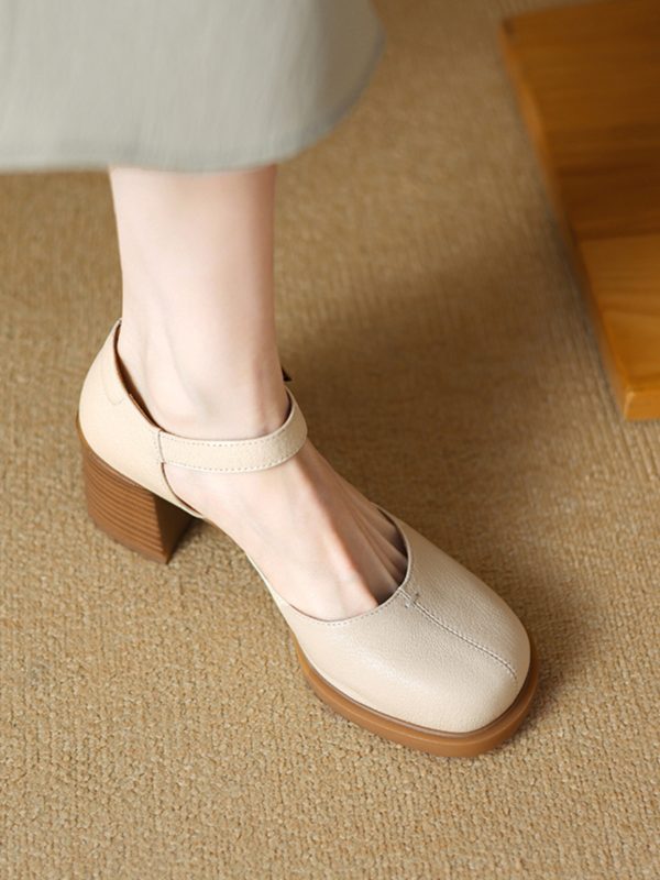 Retro High Heel Chunky Heeled Sandals for Women - Sheepskin One-Strap Hollow Out Design - Summer 2025 Fashion