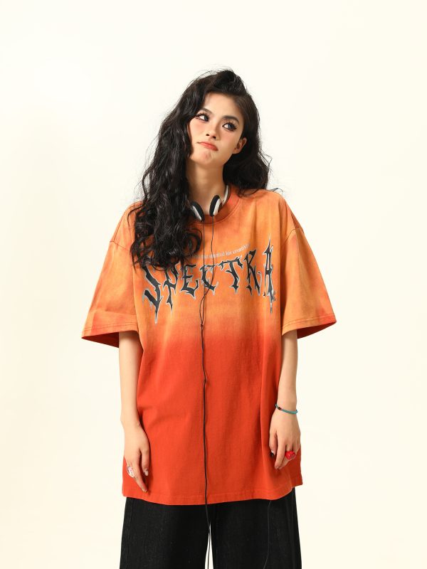 Retro High Street Washed Gradient Letter Short-Sleeve T-Shirt for Men and Women - Trendy Summer Couple Tee