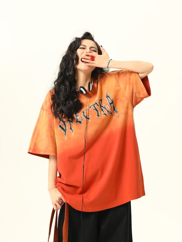 Retro High Street Washed Gradient Letter Short-Sleeve T-Shirt for Men and Women - Trendy Summer Couple Tee