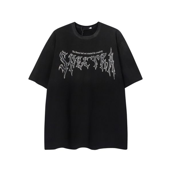 Retro High Street Washed Gradient Letter Short-Sleeve T-Shirt for Men and Women - Trendy Summer Couple Tee