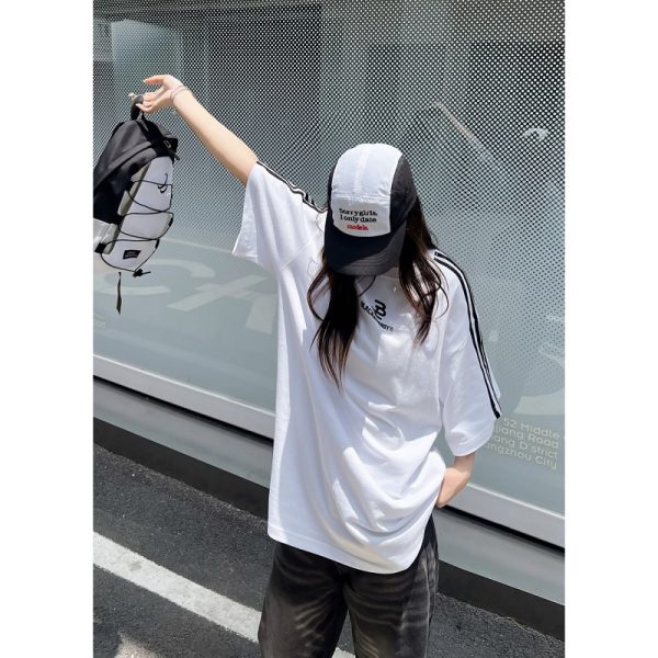 Retro Hip-Hop Color Block Spliced Short Sleeve T-Shirt for Couples - Unisex Casual Loose Fit Classic Tee
