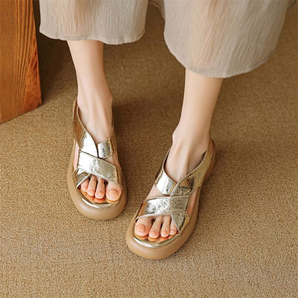 Retro Italian Open-Toe Thick-Soled Waterproof Platform High-Heeled Sandals in Gold and Silver - Genuine Leather Fashion Footwear