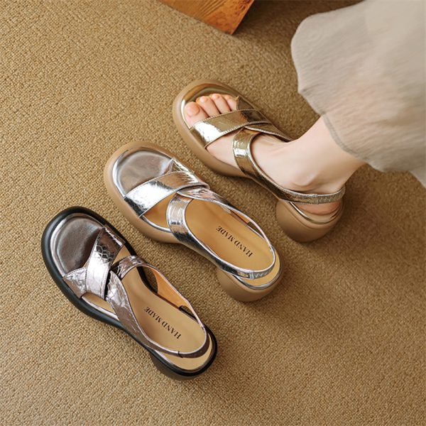 Retro Italian Open-Toe Thick-Soled Waterproof Platform High-Heeled Sandals in Gold and Silver - Genuine Leather Fashion Footwear