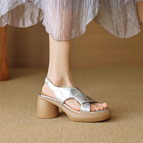 Retro Italian Open-Toe Thick-Soled Waterproof Platform High-Heeled Sandals in Gold and Silver - Genuine Leather Fashion Footwear