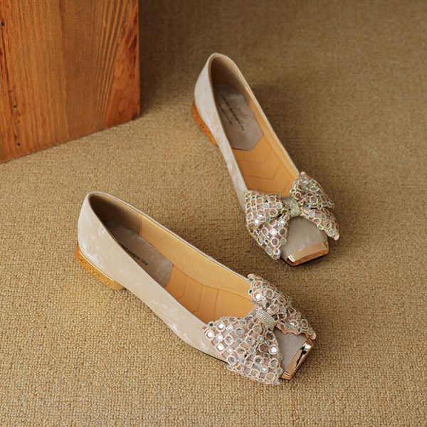 Retro Italian Style Bow Flat Shoes for Women - Square Toe Shallow Mouth Design, Chic National Style Footwear