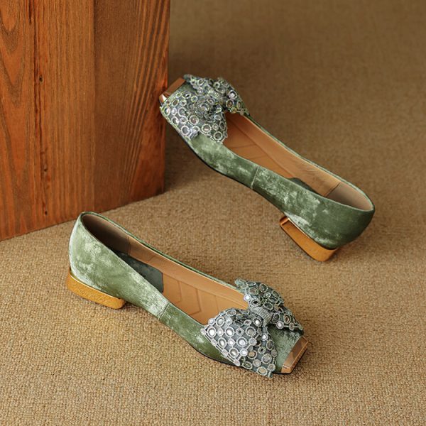 Retro Italian Style Bow Flat Shoes for Women - Square Toe Shallow Mouth Design, Chic National Style Footwear