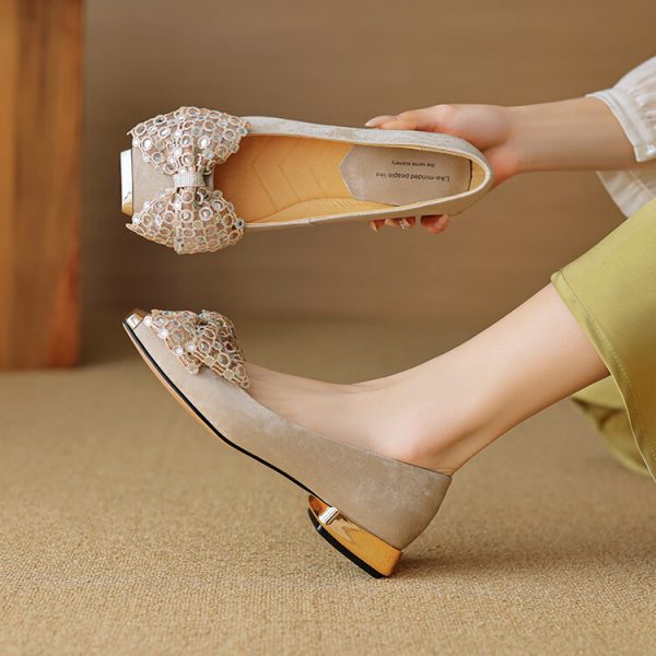 Retro Italian Style Bow Flat Shoes for Women - Square Toe Shallow Mouth Design, Chic National Style Footwear