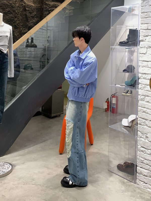 Retro Japanese-Style Blue Striped Shirt for Men - Autumn Loose Casual Shoulder-Padded Jacket, Trendy Y2K Fashion Essential