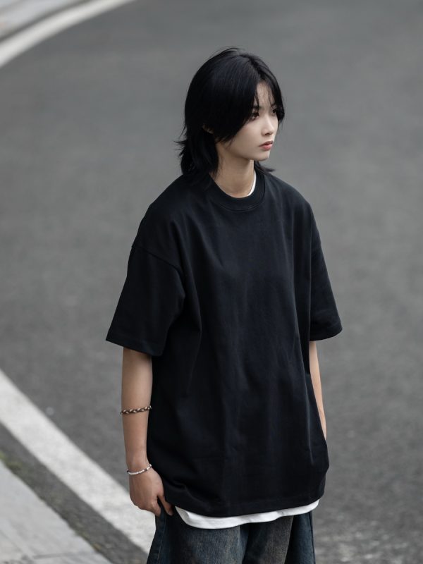 Retro Japanese Style Heavyweight 385g Cotton Short-Sleeve T-Shirt for Men - Versatile Loose Fit Tee