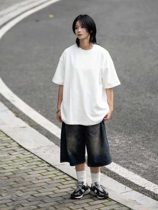 Retro Japanese Style Heavyweight 385g Cotton Short-Sleeve T-Shirt for Men - Versatile Loose Fit Tee