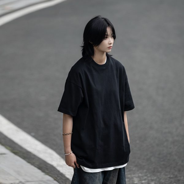 Retro Japanese Style Heavyweight 385g Cotton Short-Sleeve T-Shirt for Men - Versatile Loose Fit Tee