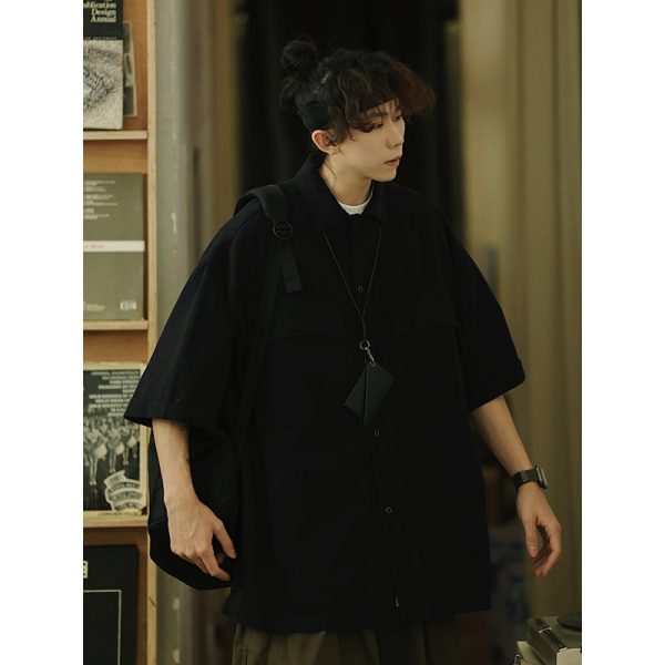 Retro Japanese Style Short Sleeve Shirt Jacket for Men - Loose Casual Summer Workwear for City Boys