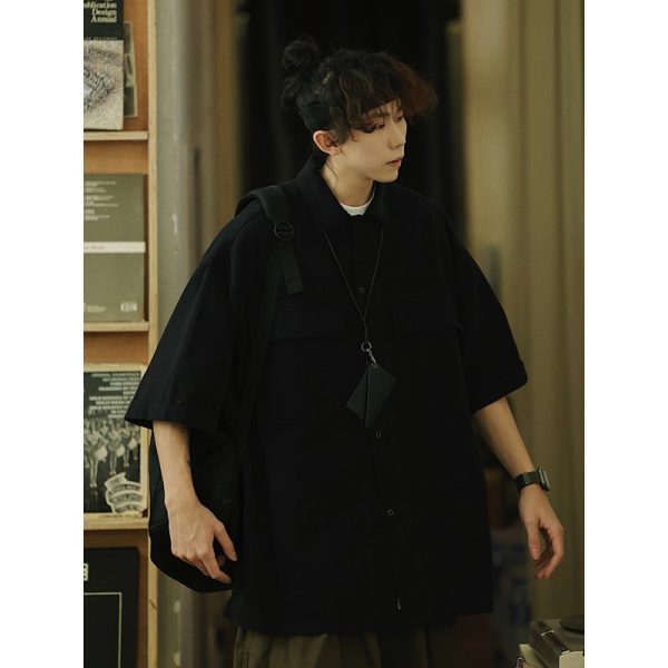 Retro Japanese Style Short Sleeve Shirt Jacket for Men - Loose Casual Summer Workwear for City Boys