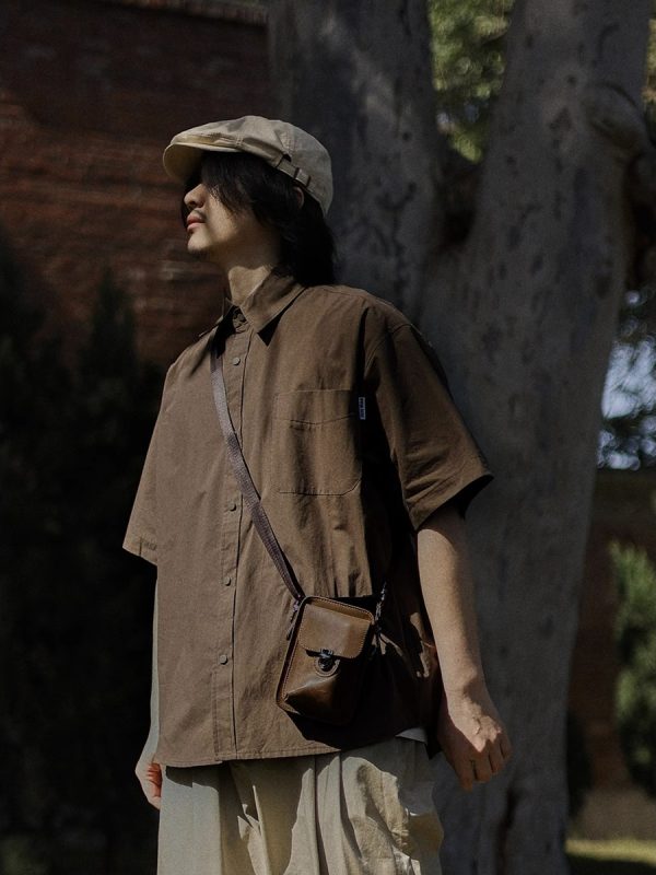 Retro Japanese-Style Short Sleeve Work Shirt for Men - Casual Layered Solid Color Half-Sleeve Shirt Jacket for Summer Trends
