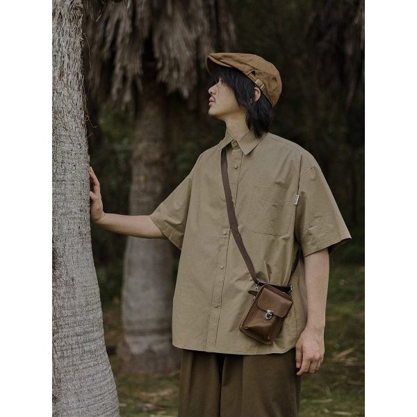 Retro Japanese-Style Short Sleeve Work Shirt for Men - Casual Layered Solid Color Half-Sleeve Shirt Jacket for Summer Trends