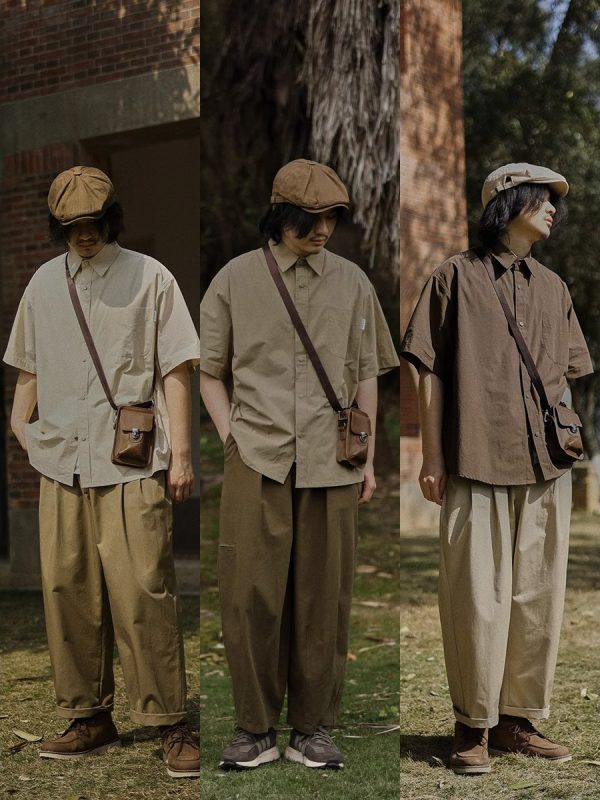 Retro Japanese-Style Short Sleeve Work Shirt for Men - Casual Layered Solid Color Half-Sleeve Shirt Jacket for Summer Trends